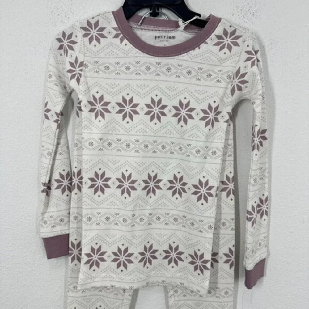 Petit Lem Holiday White Lavendar Mauve Faire Isle Snowflake Organic Cotton PJ